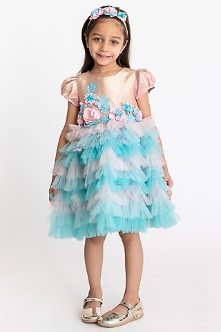 Light Pink & Light Blue Tulle Embroidered Dress For Girls by A Little Fable