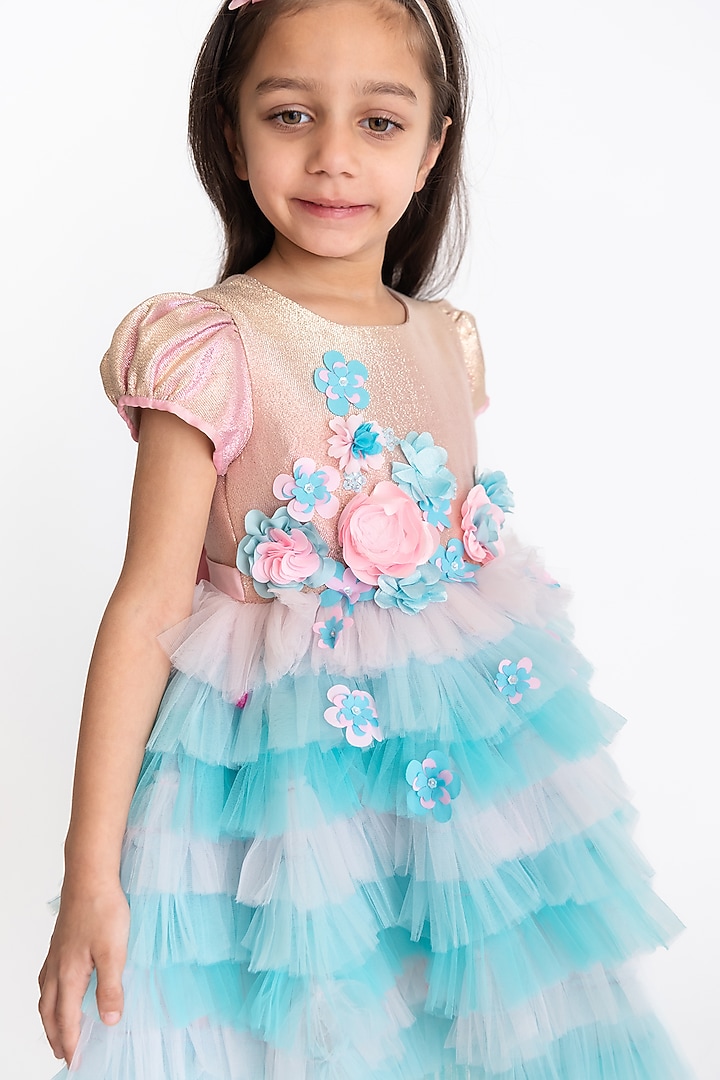 Light Pink & Light Blue Tulle Embroidered Dress For Girls by A Little Fable at Pernia's Pop Up Shop