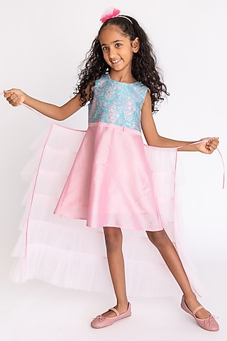 Light Pink & Blue Jacquard Gown For Girls by A Little Fable
