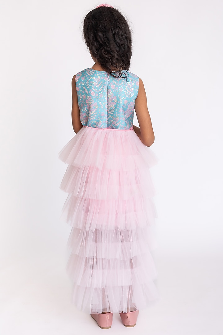 Light Pink & Blue Jacquard Gown For Girls by A Little Fable at Pernia's Pop Up Shop