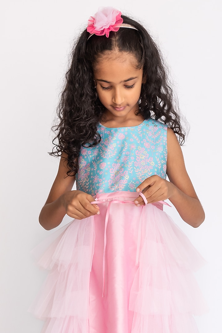Light Pink & Blue Jacquard Gown For Girls by A Little Fable at Pernia's Pop Up Shop