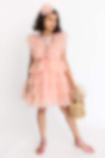 Peach Tulle Printed & Embroidered Dress For Girls by A Little Fable