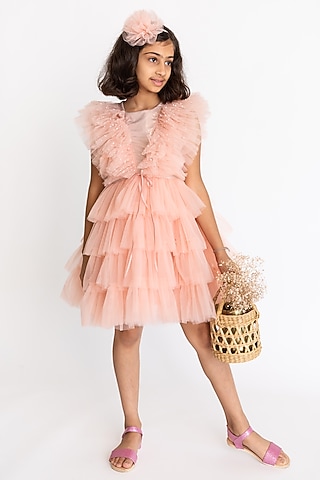 Peach Tulle Printed & Embroidered Dress For Girls by A Little Fable