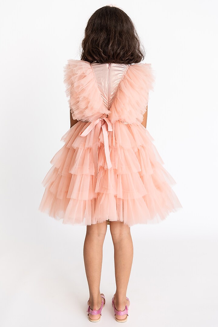 Peach Tulle Printed & Embroidered Dress For Girls by A Little Fable at Pernia's Pop Up Shop