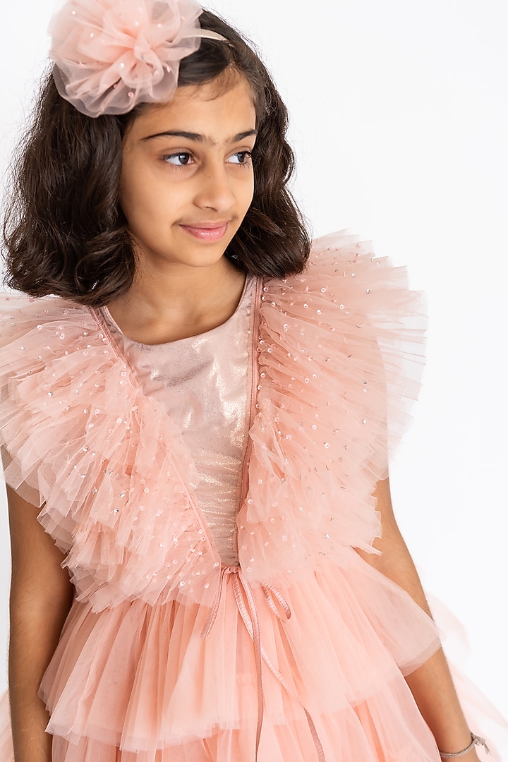 Peach Tulle Printed & Embroidered Dress For Girls by A Little Fable at Pernia's Pop Up Shop
