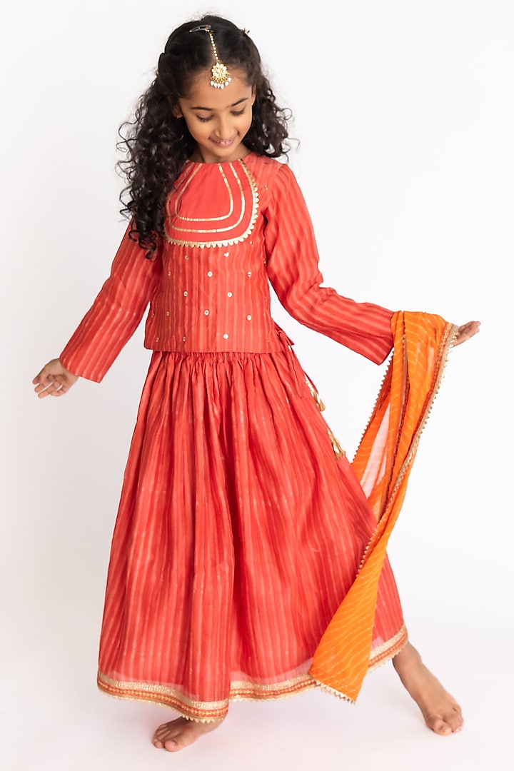 Red Cotton Silk Lehenga Set For Girls by A Little Fable