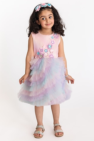 Lavender Tulle & Shimmer Embroidered Dress For Girls by A Little Fable