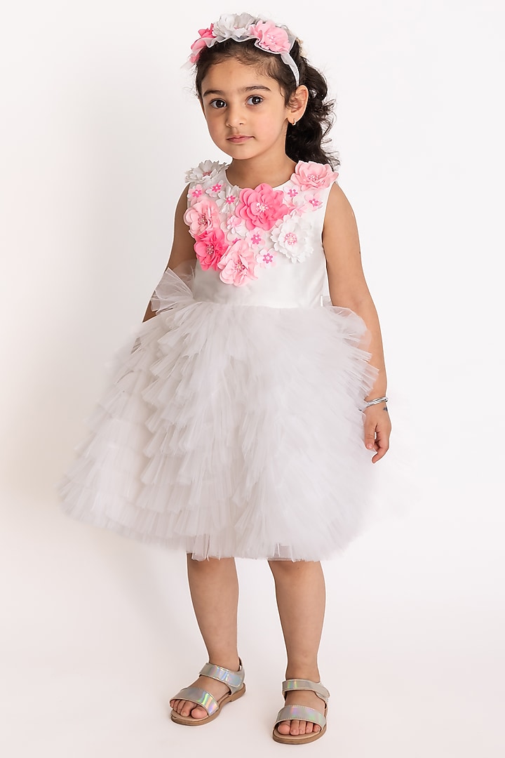 White & Neon Pink Tulle Embroidered Dress For Girls by A Little Fable