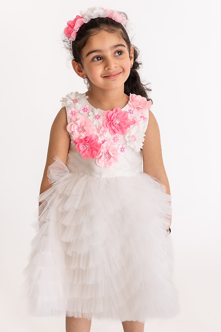 White & Neon Pink Tulle Embroidered Dress For Girls by A Little Fable at Pernia's Pop Up Shop