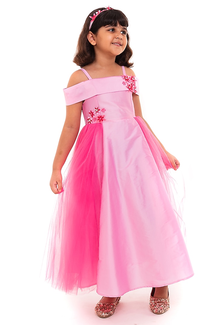 Pink Polyester Embroidered Gown For Girls by A Little Fable at Pernia's Pop Up Shop