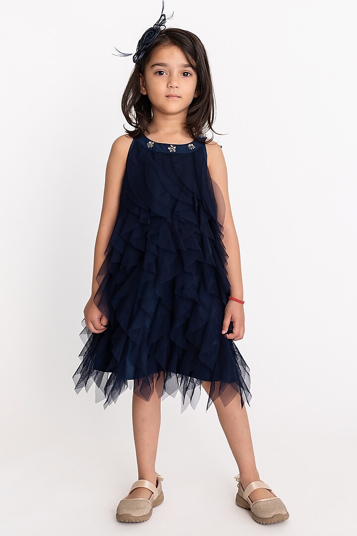 Navy Blue Poly Dress For Girls by A Little Fable