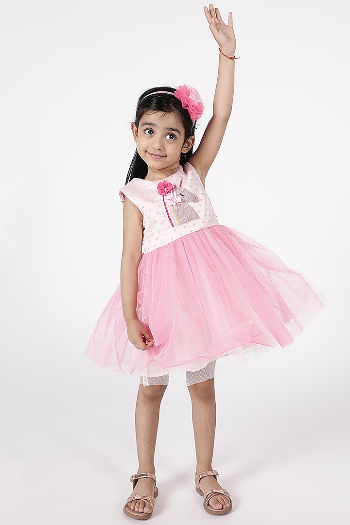 Pink Net Embroidered Dress For Girls by A Little Fable