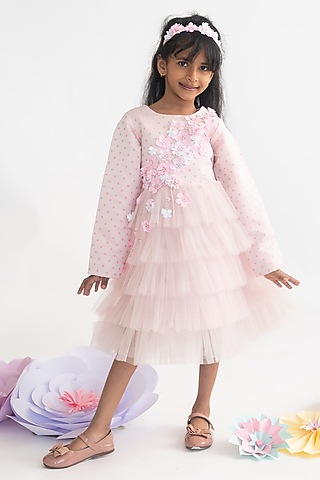 Pink Polyester 3D Floral Hand Embroidered Dress For Girls by A Little Fable
