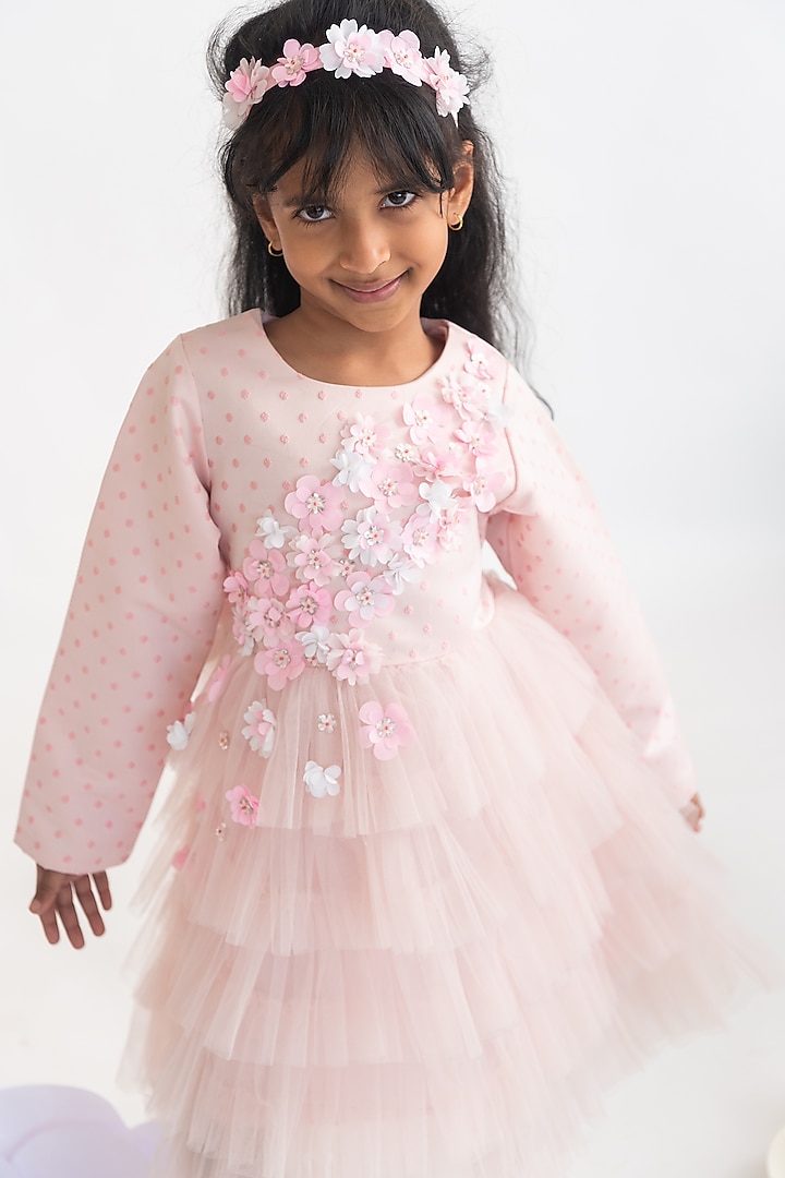 Pink Polyester 3D Floral Hand Embroidered Dress For Girls by A Little Fable at Pernia's Pop Up Shop