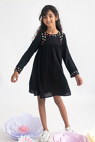 Black Polyester Embroidered Dress For Girls by A Little Fable