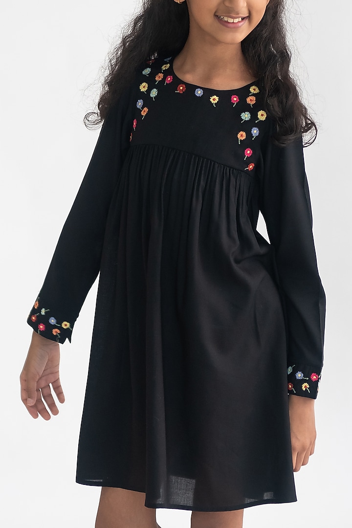Black Polyester Embroidered Dress For Girls by A Little Fable at Pernia's Pop Up Shop