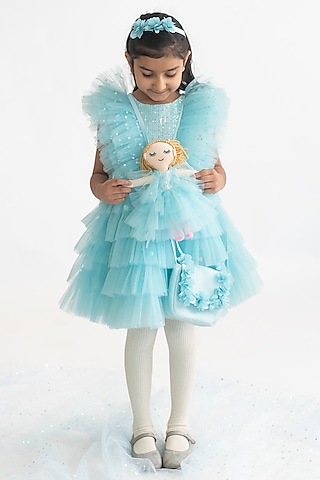 Blue Polyester Sequins Embroidered Dress For Girls by A Little Fable