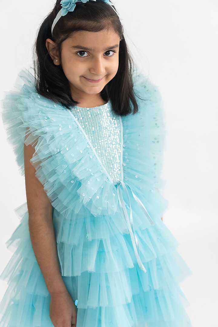Blue Polyester Sequins Embroidered Dress For Girls by A Little Fable at Pernia's Pop Up Shop
