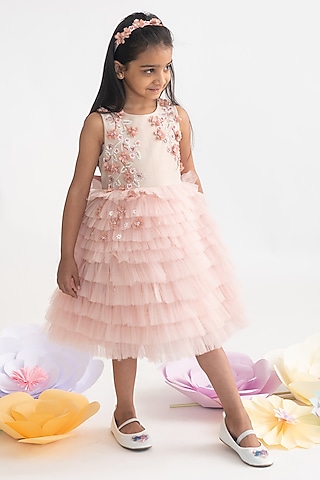 Peach Polyester 3D Floral Hand Embroidered Dress For Girls by A Little Fable