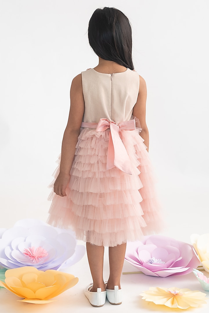 Peach Polyester 3D Floral Hand Embroidered Dress For Girls by A Little Fable at Pernia's Pop Up Shop