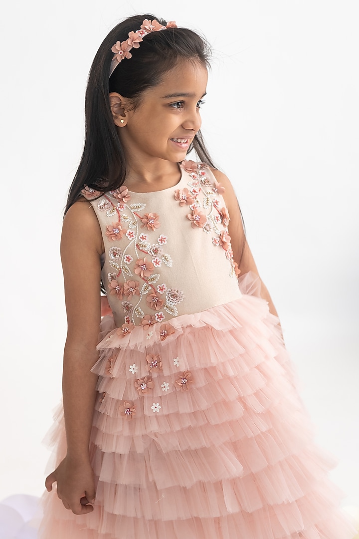 Peach Polyester 3D Floral Hand Embroidered Dress For Girls by A Little Fable at Pernia's Pop Up Shop