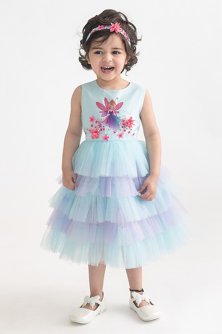 Pastel Blue & Lavender Polyester Hand Embroidered Dress For Girls by A Little Fable at Pernia's Pop Up Shop