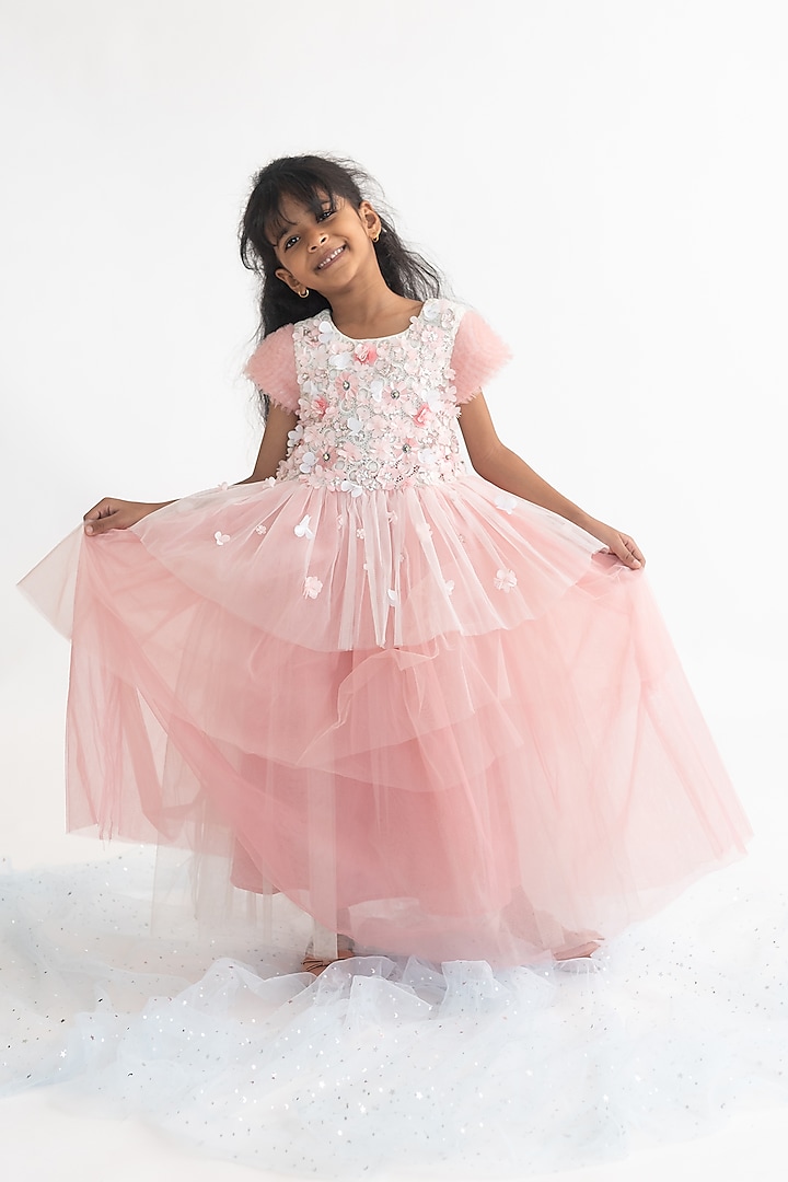 Lavender Polyester 3D Floral Hand Embroidered Gown For Girls by A Little Fable at Pernia's Pop Up Shop