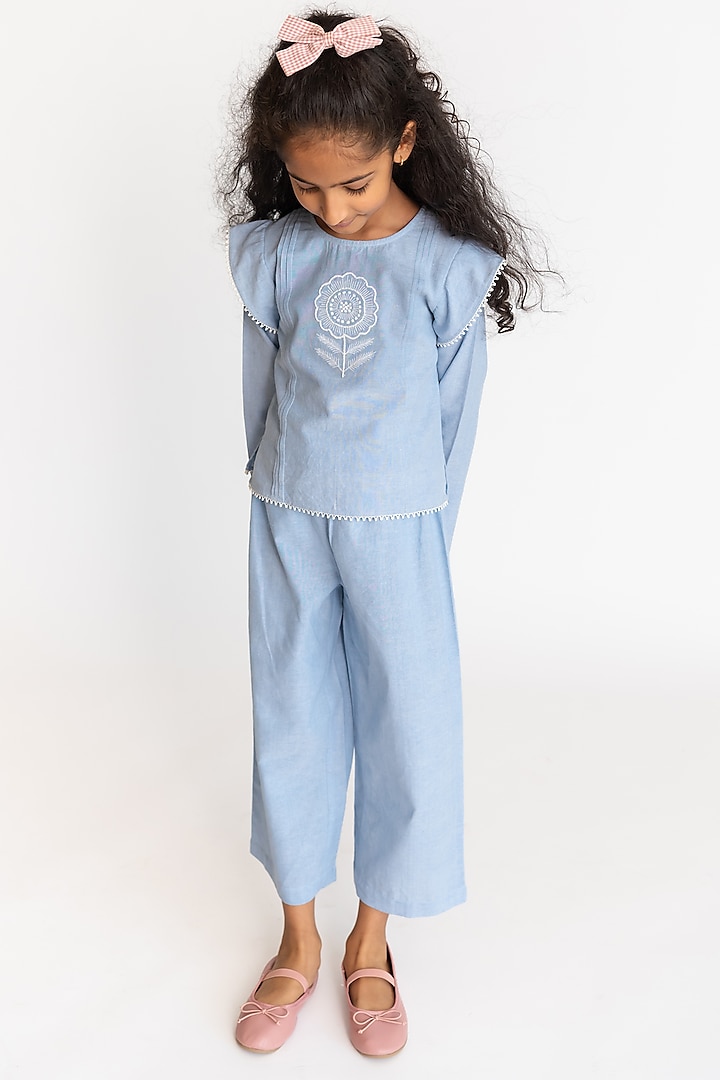 Light Blue Cotton Pant Set For Girls by A Little Fable