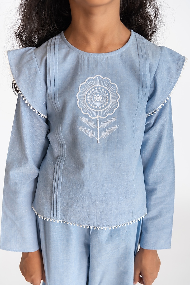 Light Blue Cotton Pant Set For Girls by A Little Fable at Pernia's Pop Up Shop
