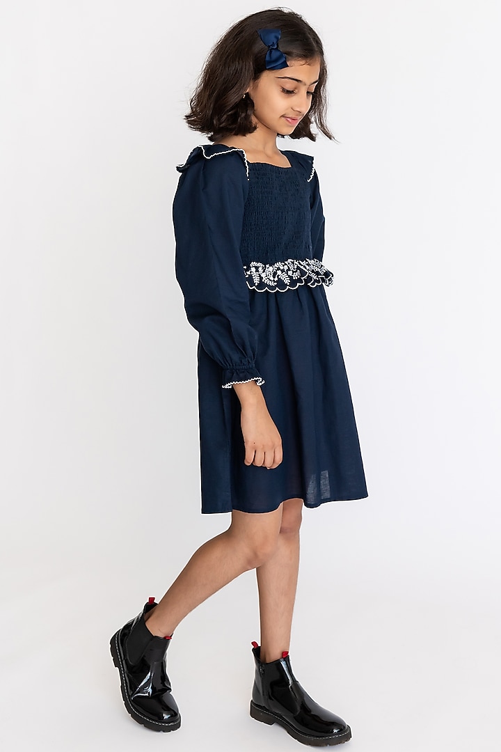 Navy Blue Cotton & Linen Embroidered Dress For Girls by A Little Fable at Pernia's Pop Up Shop