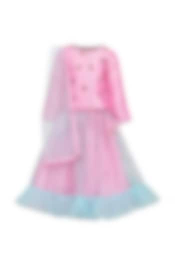 Pink & Soft Blue Tulle Embroidered Lehenga Set For Girls by A Little Fable at Pernia's Pop Up Shop