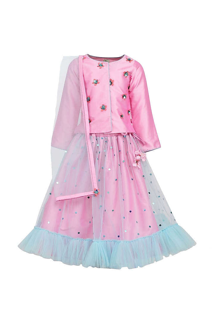 Pink & Soft Blue Tulle Embroidered Lehenga Set For Girls by A Little Fable at Pernia's Pop Up Shop
