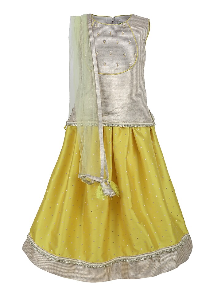 Yellow Lurex Textured Lehenga Set For Girls by A Little Fable at Pernia's Pop Up Shop