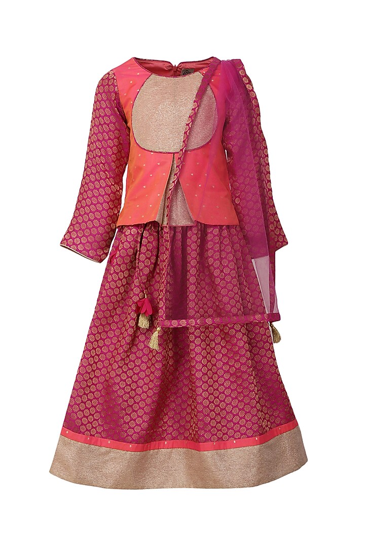 Pink Dobby & Jacquard Hand Embroidered Lehenga Set For Girls by A Little Fable at Pernia's Pop Up Shop