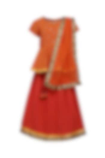Red Mangalgiri Cotton Hand Embroidered Lehenga Set For Girls by A Little Fable