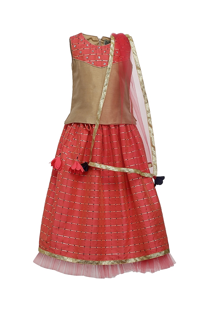 Orange Brocade & Taffeta Embroidered Lehenga Set For Girls by A Little Fable at Pernia's Pop Up Shop