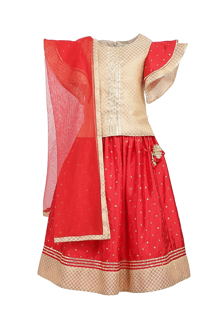 Red Jacquard Embroidered Lehenga Set For Girls by A Little Fable