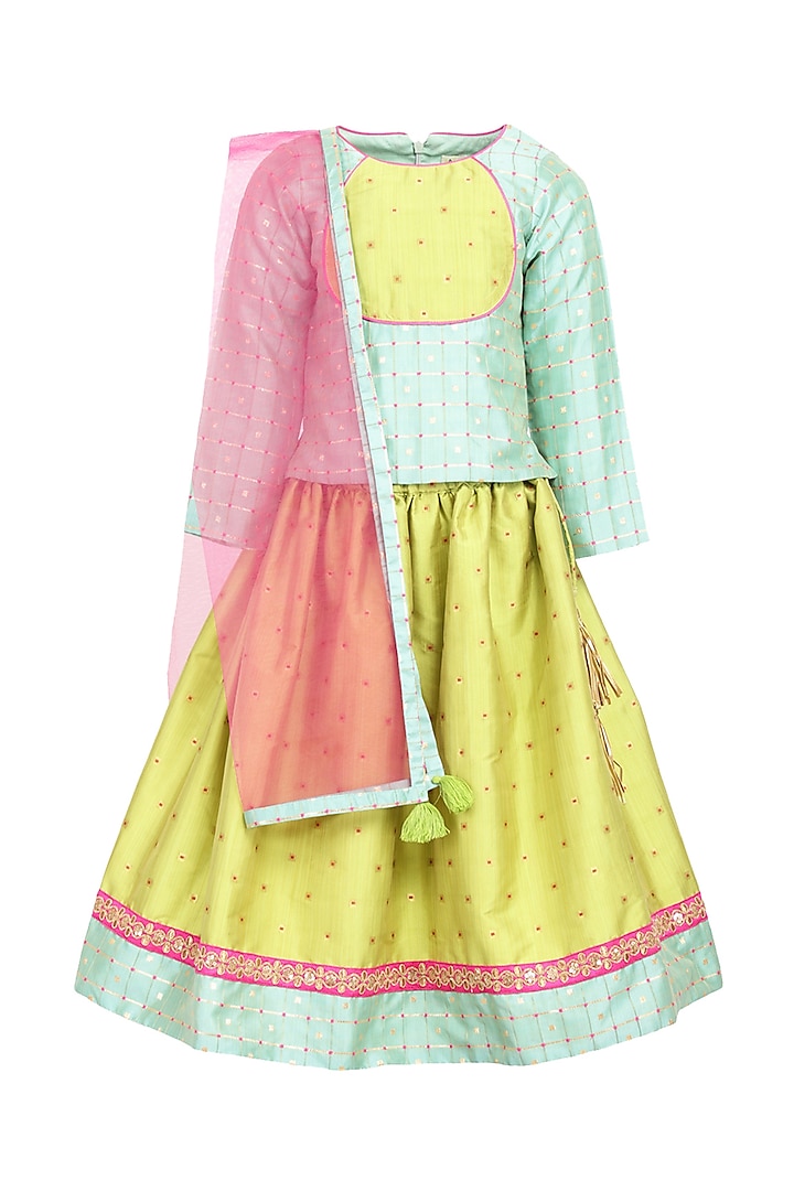Green Dobby Embroidered Lehenga Set For Girls by A Little Fable