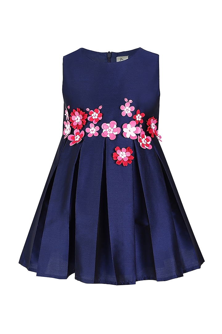 Navy Blue & Pink Taffeta Embroidered Dress For Girls by A Little Fable
