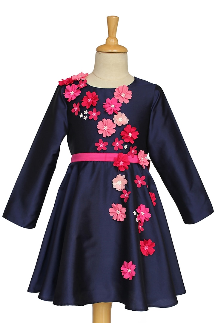 Navy-Blue Taffeta Embroidered Dress For Girls by A Little Fable at Pernia's Pop Up Shop