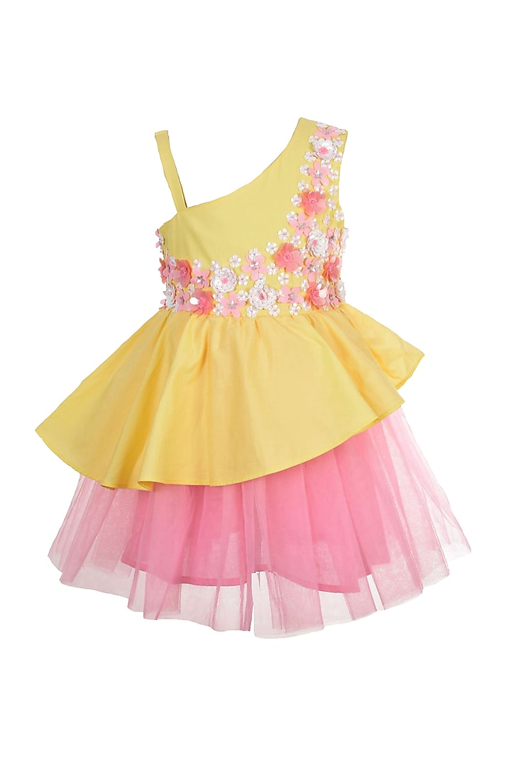 Yellow Cotton & Tulle Embroidered Dress For Girls by A Little Fable at Pernia's Pop Up Shop