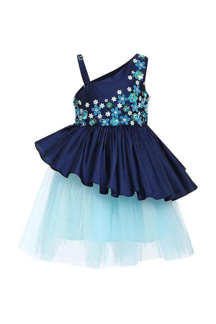 Navy Blue Taffeta & Tulle Embellished Dress For Girls by A Little Fable