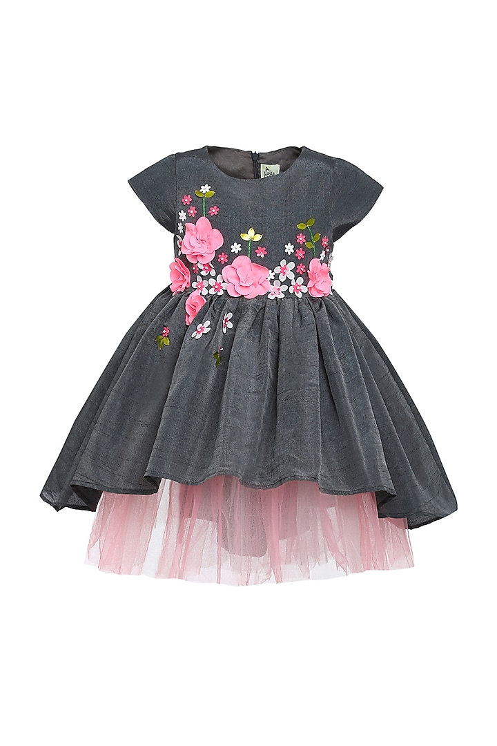 Grey Dupion & Tulle Embroidered Dress For Girls by A Little Fable