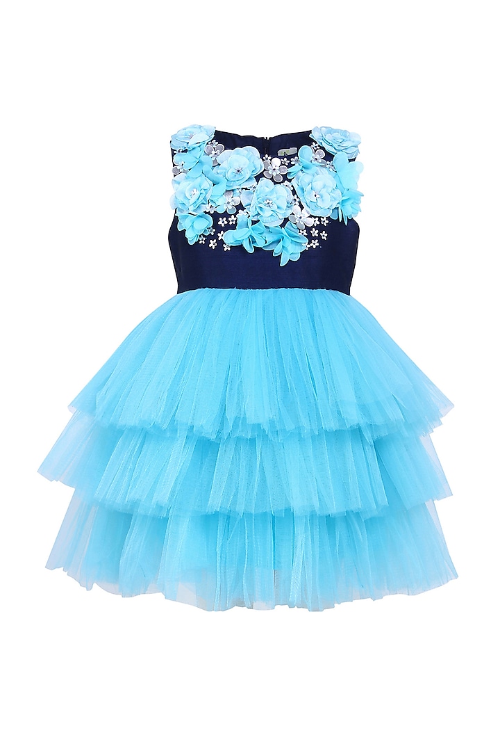 Navy-Blue & Blue Taffeta & Tulle Embroidered Dress For Girls by A Little Fable