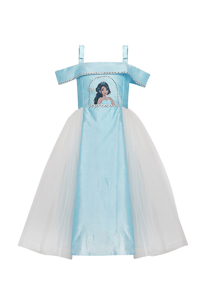 Soft Blue Poly Taffeta & Net Printed Dress For Girls by A Little Fable