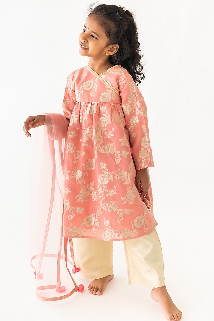 Peach Jacquard Angrakha Kurta Set For Girls by A Little Fable at Pernia's Pop Up Shop