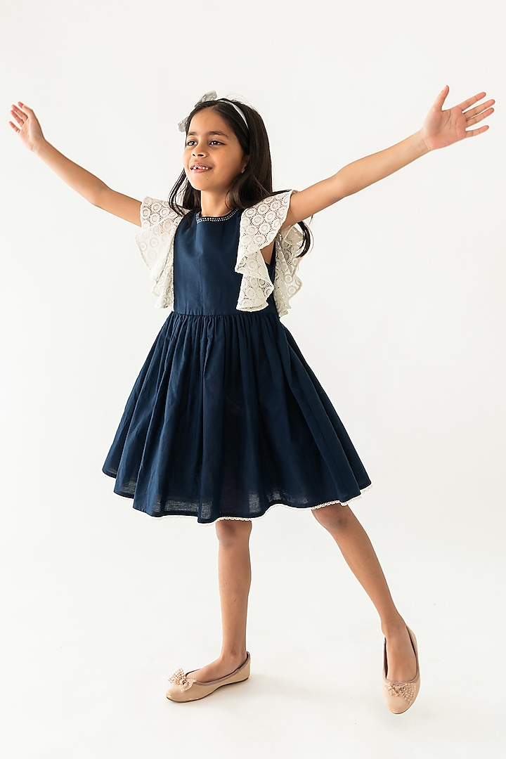 Navy Blue Cotton Linen Hand Embroidered Gathered Dress For Girls by A Little Fable at Pernia's Pop Up Shop