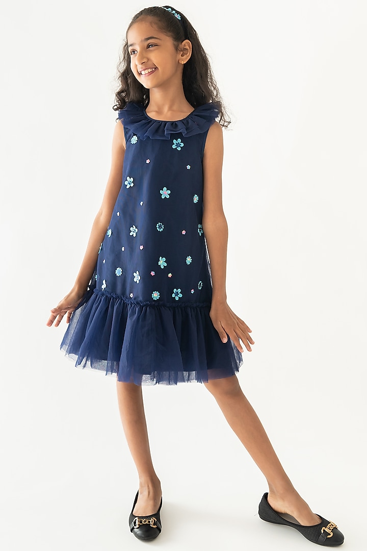 Navy Blue Tulle Sequins Embroidered A-Line Dress For Girls by A Little Fable at Pernia's Pop Up Shop