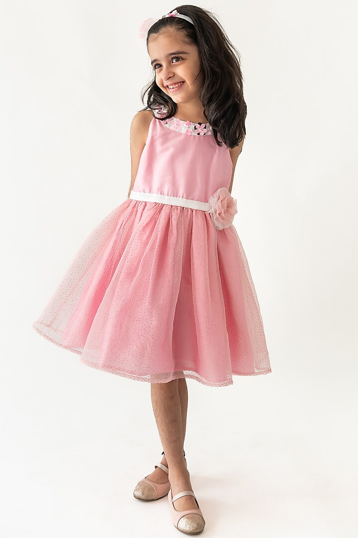 Pink Polyester Floral Embroidered Flared Dress For Girls by A Little Fable at Pernia's Pop Up Shop 2026 Pink Polyester Floral Embroidered Flared Dress For Girls by A Little Fable at Pernia's Pop Up Shop 2026