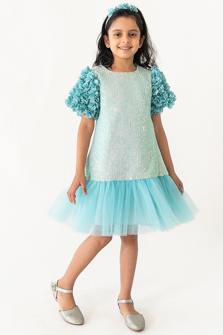 Mint Polyester Sequins Embroidered A-Line Dress For Girls by A Little Fable at Pernia's Pop Up Shop